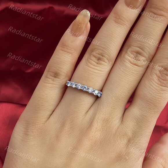 NEW Certified 3mm Royal Blue Moissanite 7 Stone Half Eternity Band Ring - Picture 8 of 11